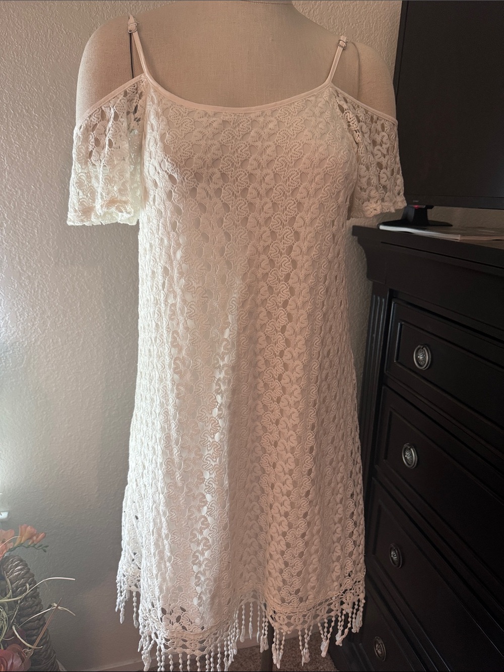 Ivory Lace Cold-Shoulder Dress with Fringe